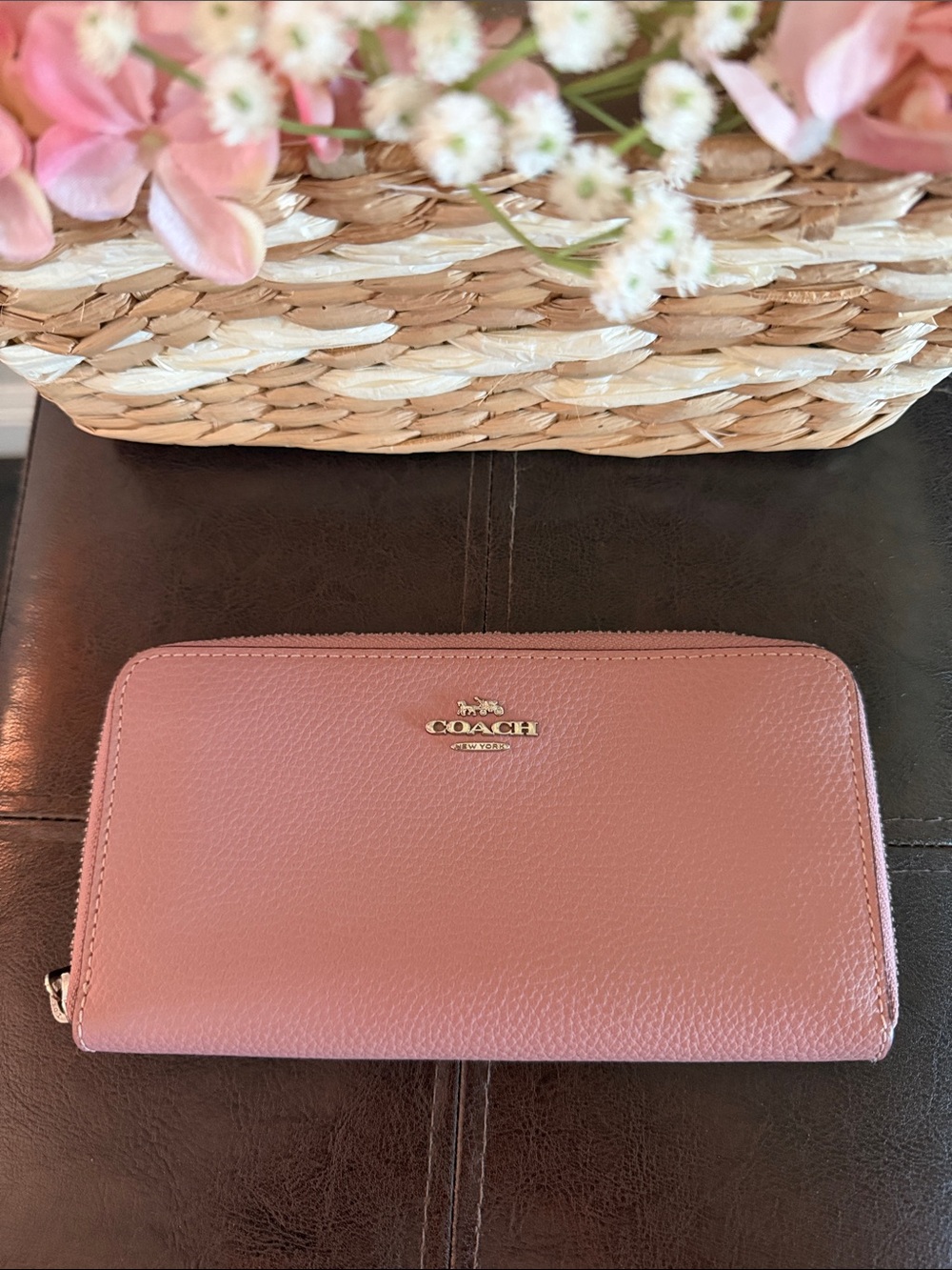 Coach Blush Pink Zip-Around Pebbled Leather Wallet